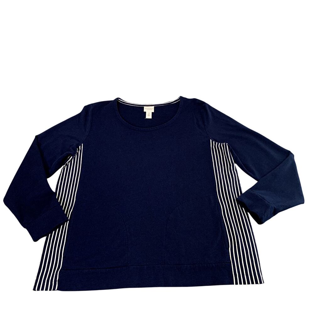 Navy and White Cotton Blend Sweatshirt Top Long Sleeve Weekends by Chicos Size L